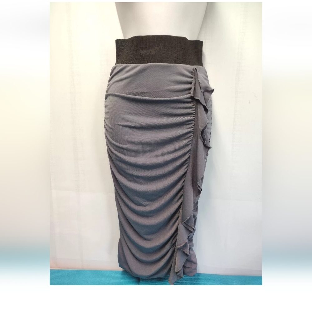 Ruched Elastic Waist Pencil Midi Skirt Bodycon Stretch Gray S